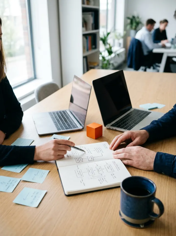 Tavolo di lavoro con quaderno, schema di processo e laptop